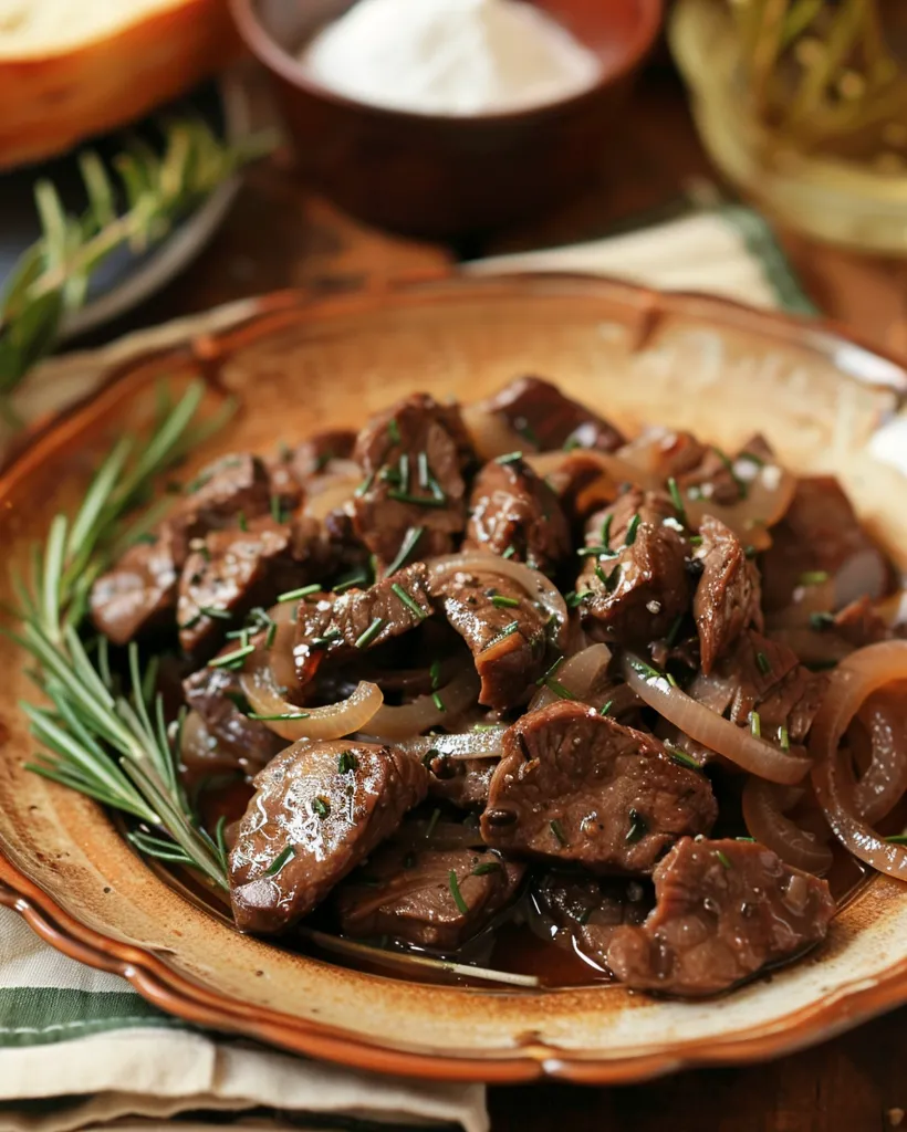 A rustic brown plate holds a hearty serving of savory beef stew.  Tender chunks of beef are cooked with caramelized onions and fresh rosemary sprigs.  The rich, dark sauce glistens under the light.  A sprig of rosemary rests artfully on the dish. The background suggests a home-cooked meal, with bread and flour subtly visible.