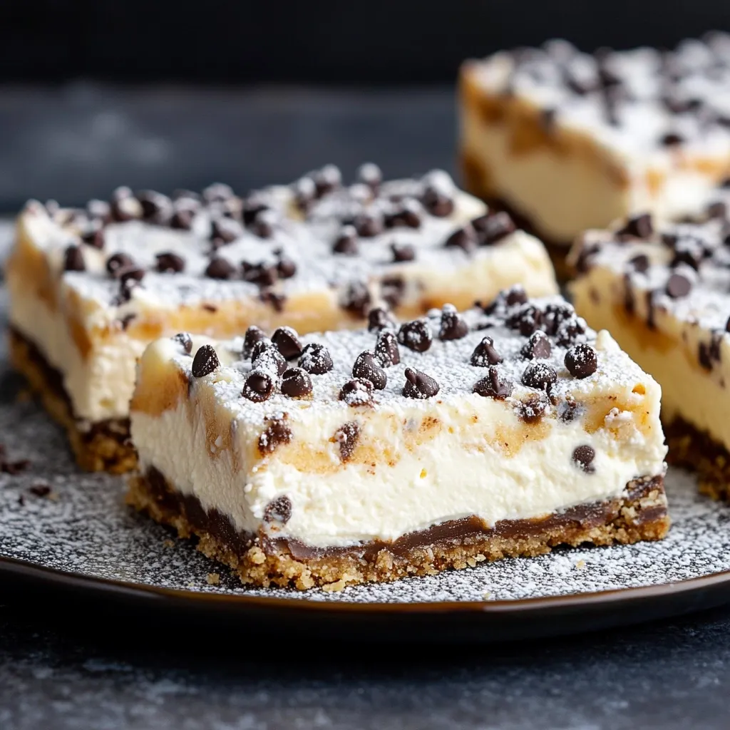 A close-up shot showcases several squares of chocolate chip cookie dough cheesecake bars.  The creamy cheesecake filling is layered on a crunchy crust and topped with mini chocolate chips and a dusting of powdered sugar.  The bars sit on a dark plate, with a shallow depth of field emphasizing the texture and detail of the dessert.  The overall image evokes a feeling of delicious indulgence.