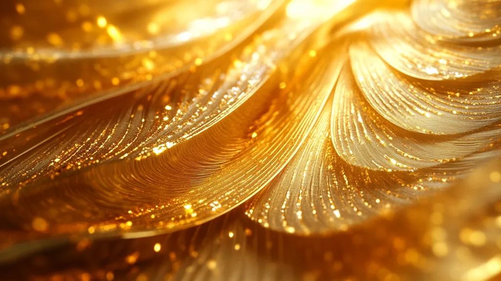 A close-up shot reveals a shimmering, golden surface.  Layers of delicate, translucent material create a wave-like pattern, catching the light to produce a sparkling effect.  The texture appears soft and luxurious, with countless tiny glimmers adding depth and richness to the overall golden hue.  The image evokes feelings of opulence and warmth.