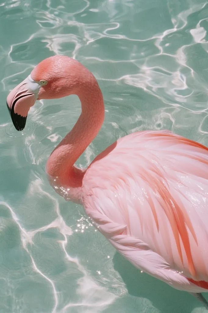 A vibrant pink flamingo gracefully floats in a tranquil turquoise pool.  Its feathers are softly ruffled by the water, and the sunlight glints off its sleek plumage. The calm water reflects the light, creating a serene and picturesque scene. The flamingo's elegant posture and the soothing color palette evoke a sense of peace and tranquility.