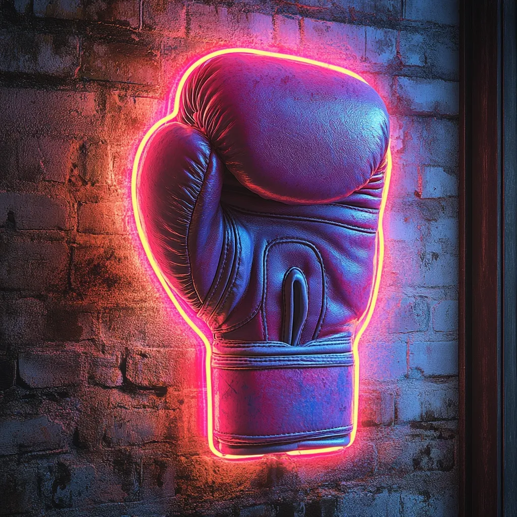 A purple leather boxing glove is depicted as a neon sign against a brick wall.  The neon outline glows with a vibrant pink and orange light, creating a striking contrast against the dark brick. The image has a gritty, urban feel, suggesting a boxing gym or bar setting. The glove appears worn, hinting at past battles and a history of use.