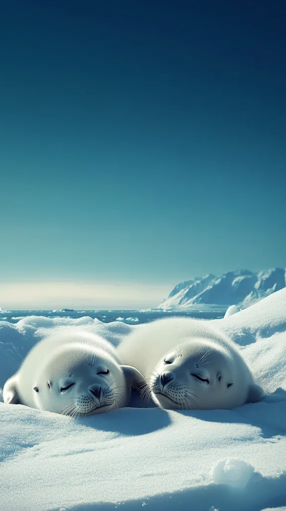 Two adorable white seal pups snuggle together, fast asleep in a snowy arctic landscape.  The pristine white fur of the pups contrasts beautifully with the bright blue sky and the icy, snow-covered ground.  A distant, snow-capped mountain range is visible on the horizon, creating a serene and peaceful scene.  The image evokes feelings of warmth and tranquility in a cold, breathtaking environment.