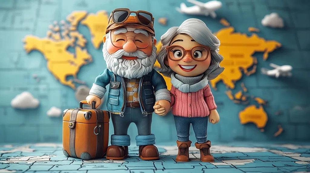 A charming 3D illustration depicts an elderly couple, hand-in-hand, ready for an adventure.  The grandfather sports a jovial expression, aviator sunglasses, and a travel jacket, while his wife, equally cheerful, wears glasses and a pink sweater. They stand before a world map, a vintage suitcase at their side, suggesting a global journey. The image exudes warmth, hinting at the joy of travel and companionship in retirement.