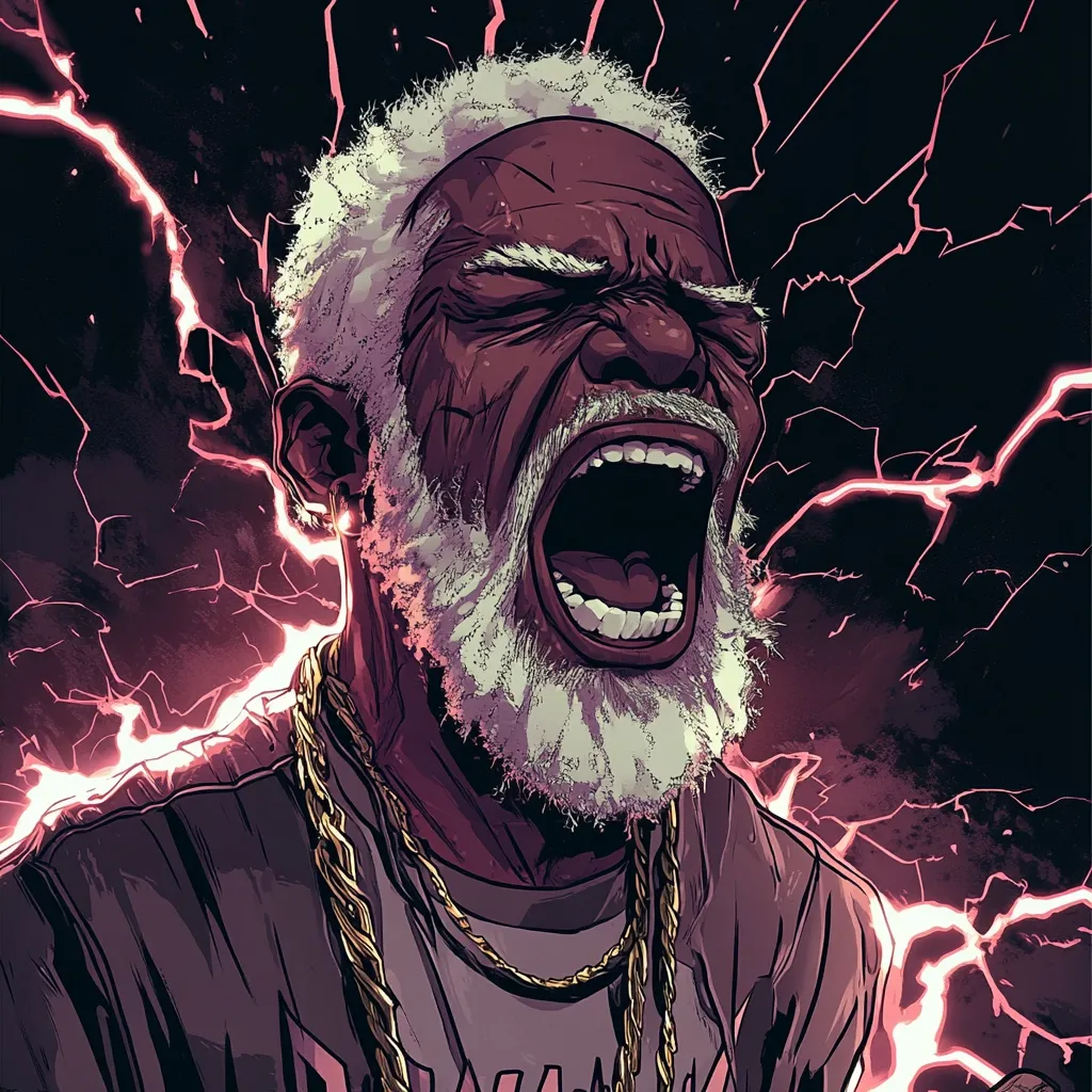 A stylized illustration depicts an older Black man with gray hair and a beard, his mouth wide open in a powerful yell.  He wears a dark shirt and gold chains.  The background is a dramatic dark purple and black, filled with crackling pink lightning, suggesting intensity and raw emotion. The style is reminiscent of comic book art or graphic novel imagery.