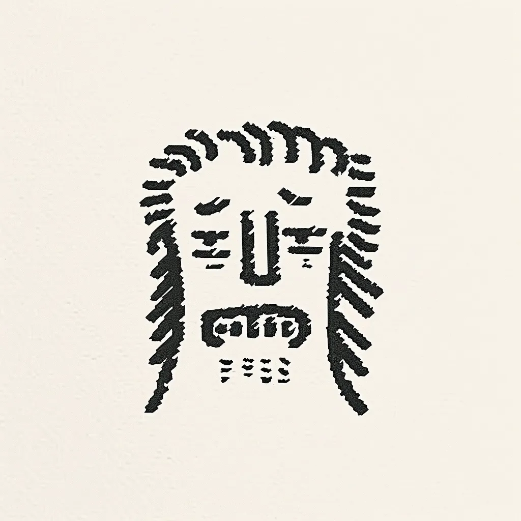The image shows a stylized black and white illustration of a face, possibly a mask or deity.  The face is depicted with angular, textured lines creating a textured effect. The hair or headdress is represented by repeating patterns of short, slanted strokes.  The style is minimalist and geometric, reminiscent of ancient or symbolic art.