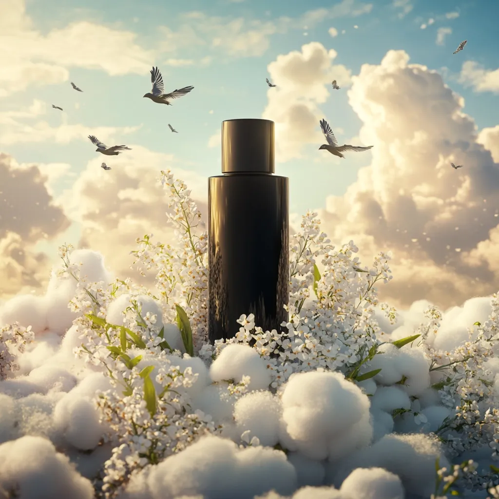 A dark cylindrical perfume bottle sits nestled amongst fluffy white cotton balls and delicate white flowers.  Birds fly across a bright, idyllic sky filled with fluffy clouds, creating a serene and ethereal atmosphere.  The scene evokes a sense of lightness, purity, and natural fragrance.