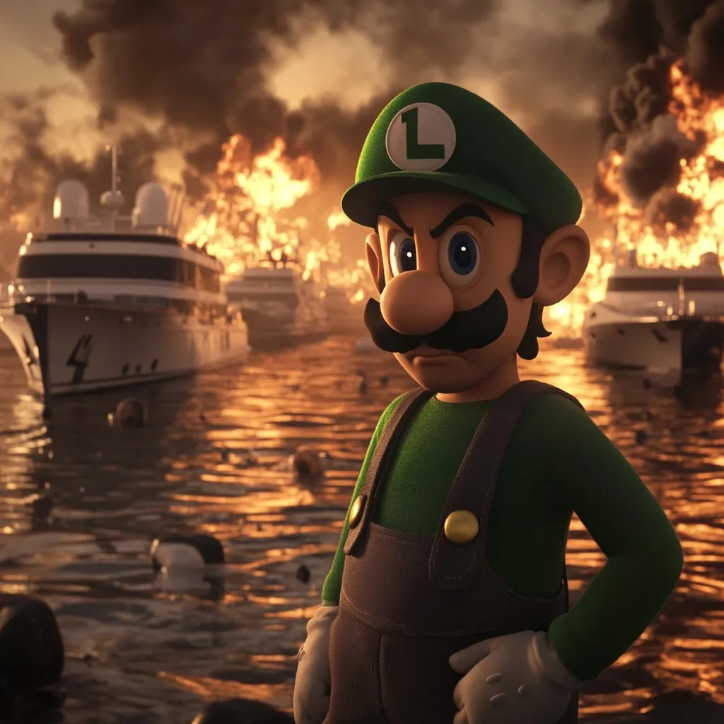 Luigi, rendered in realistic 3D, stands stoically before a fiery harbor scene.  Luxury yachts burn in the background, creating a dramatic contrast to his serious expression.  The image's lighting and detail highlight the character's intense gaze and the chaotic destruction behind him.  The overall mood is one of intense drama and impending doom.