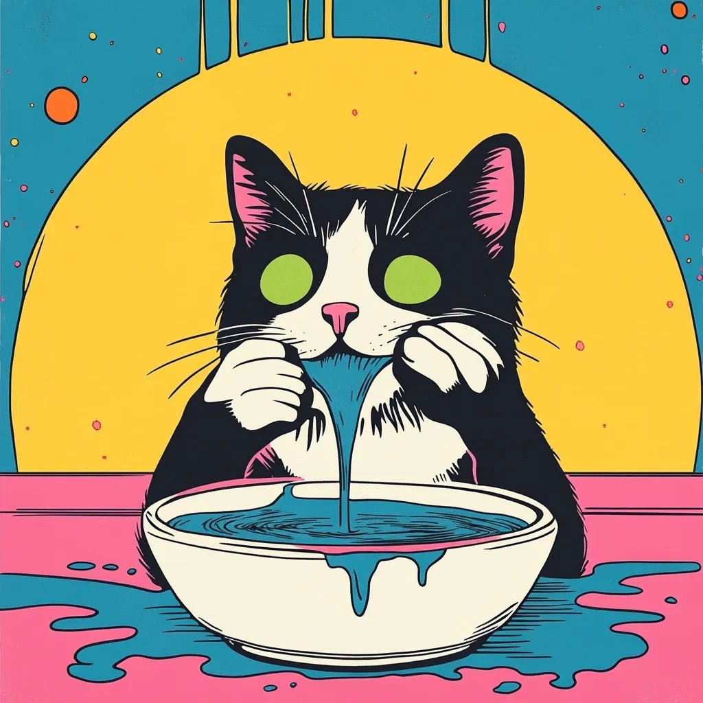 A stylized illustration depicts a tuxedo cat with glowing green eyes playfully consuming a vibrant blue liquid.  The cat delicately holds a long, flowing stream of the liquid, which pours into a bowl on a pink table.  The background features a yellow sun-like shape against a teal cosmic backdrop, adding a surreal and whimsical atmosphere. The bold lines and contrasting colors enhance the artwork's psychedelic aesthetic.