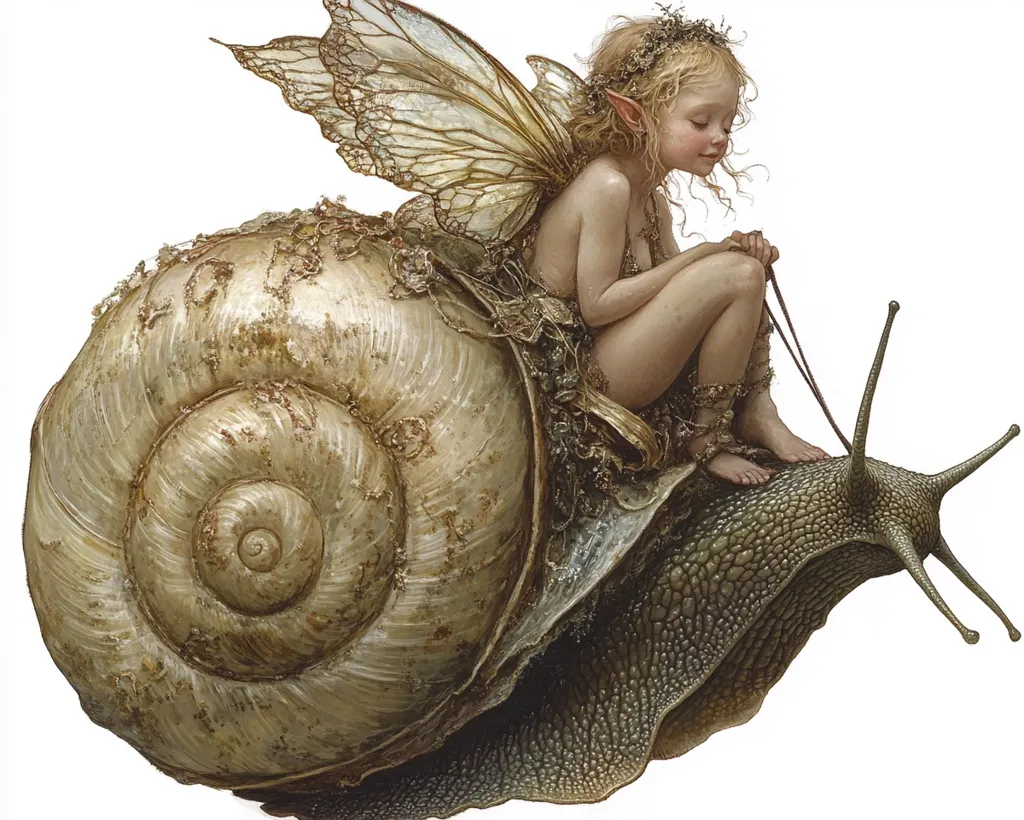 A delicate fairy with gossamer wings sits atop a giant snail, gently holding reins.  Her ethereal beauty contrasts with the snail's earthy tones.  The fairy's pose suggests a serene journey,  the snail's shell a swirling spiral of beige and gold.  The image is highly detailed, showcasing a fantastical scene with realistic rendering.  The overall mood is peaceful and magical.