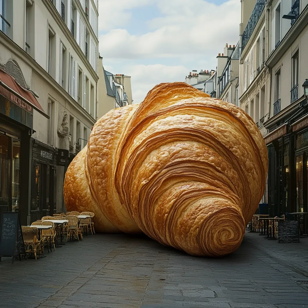 A giant croissant dominates a Parisian street scene.  The enormous pastry, realistically textured and golden brown, fills most of the frame, dwarfing the charming cafes and traditional buildings lining the cobblestone street.  The juxtaposition of the everyday Parisian setting with the oversized baked good creates a whimsical, surreal image.