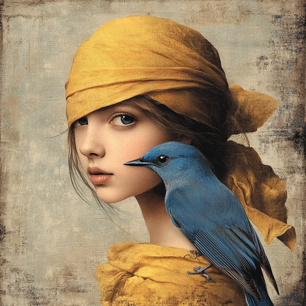 A young woman with fair skin and piercing blue eyes is depicted in a painting. She wears a mustard-yellow headscarf that drapes over her shoulders.  A vibrant blue bird rests on her shoulder, its gaze directed slightly away. The muted background and the soft rendering of the subject create a melancholic yet serene atmosphere, hinting at a story of quiet contemplation and connection with nature.