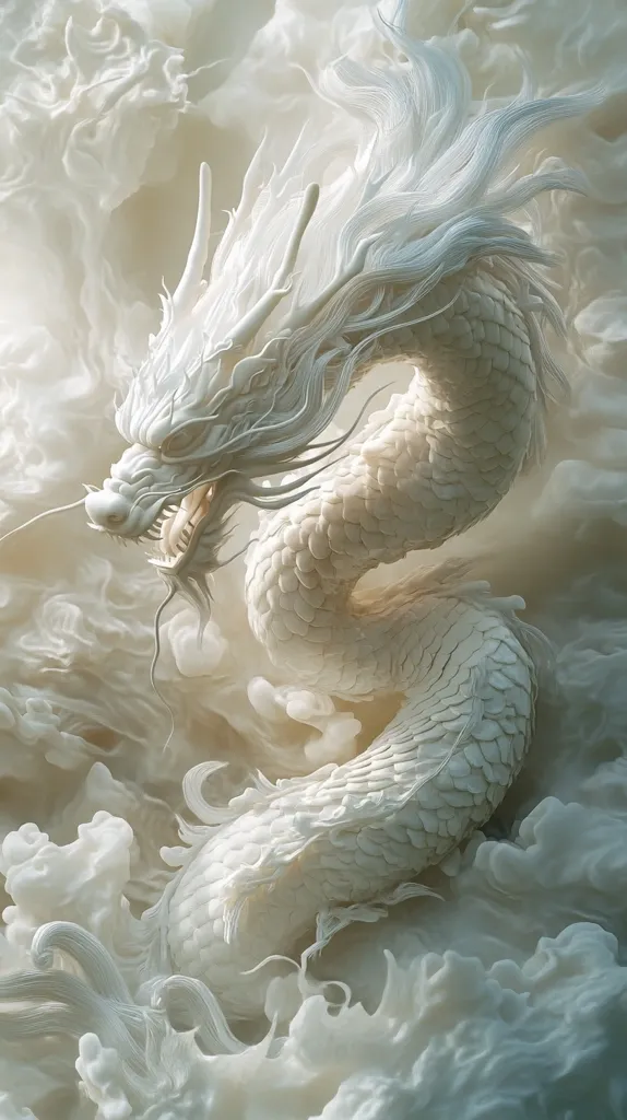 A majestic, white dragon is depicted in a swirling cloud of cream-colored smoke.  Its scales and flowing mane are intricately detailed, appearing almost sculpted from marble.  The dragon's head is slightly turned, revealing sharp teeth and piercing eyes.  The overall effect is serene yet powerful, a beautiful and ethereal representation of a mythical creature.