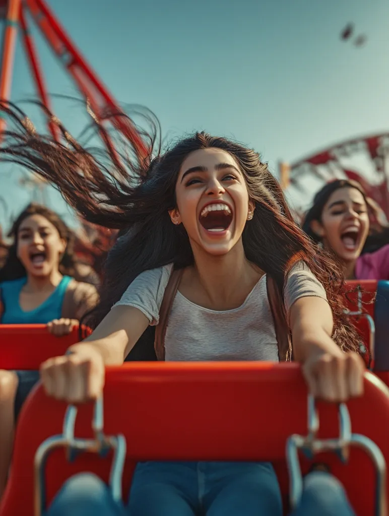 A group of young women enjoy a thrilling roller coaster ride.  Their hair blows wildly in the wind as they scream with laughter and excitement.  The bright sunlight and vibrant red of the roller coaster create a dynamic and joyful scene. The focus is on a young woman in the center, her mouth wide open in a joyous scream.  The overall feeling is one of carefree fun and adventure.