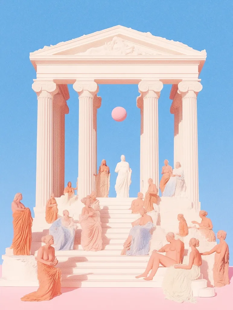 A pastel-colored rendering depicts a classical temple with a pink sphere floating above.  Numerous female figures, reminiscent of Greek statues, are arranged on the temple steps, some draped in flowing robes, others nude.  The overall aesthetic is serene and dreamlike, combining elements of antiquity with a modern, stylized sensibility.  The scene is bathed in soft, even light against a clear blue sky.