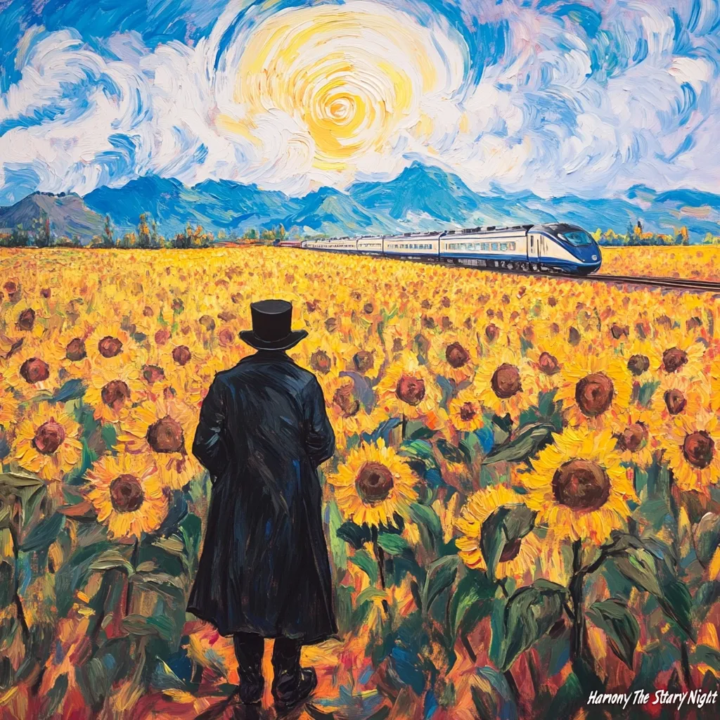 A man in a top hat stands in a vibrant sunflower field, his back to the viewer.  A modern, sleek train travels across a distant landscape under a swirling, Van Gogh-esque sky. The painting evokes a sense of journey and contemplation, blending the artist's distinctive style with a contemporary scene.  The sun shines brightly, casting a warm light over the scene.