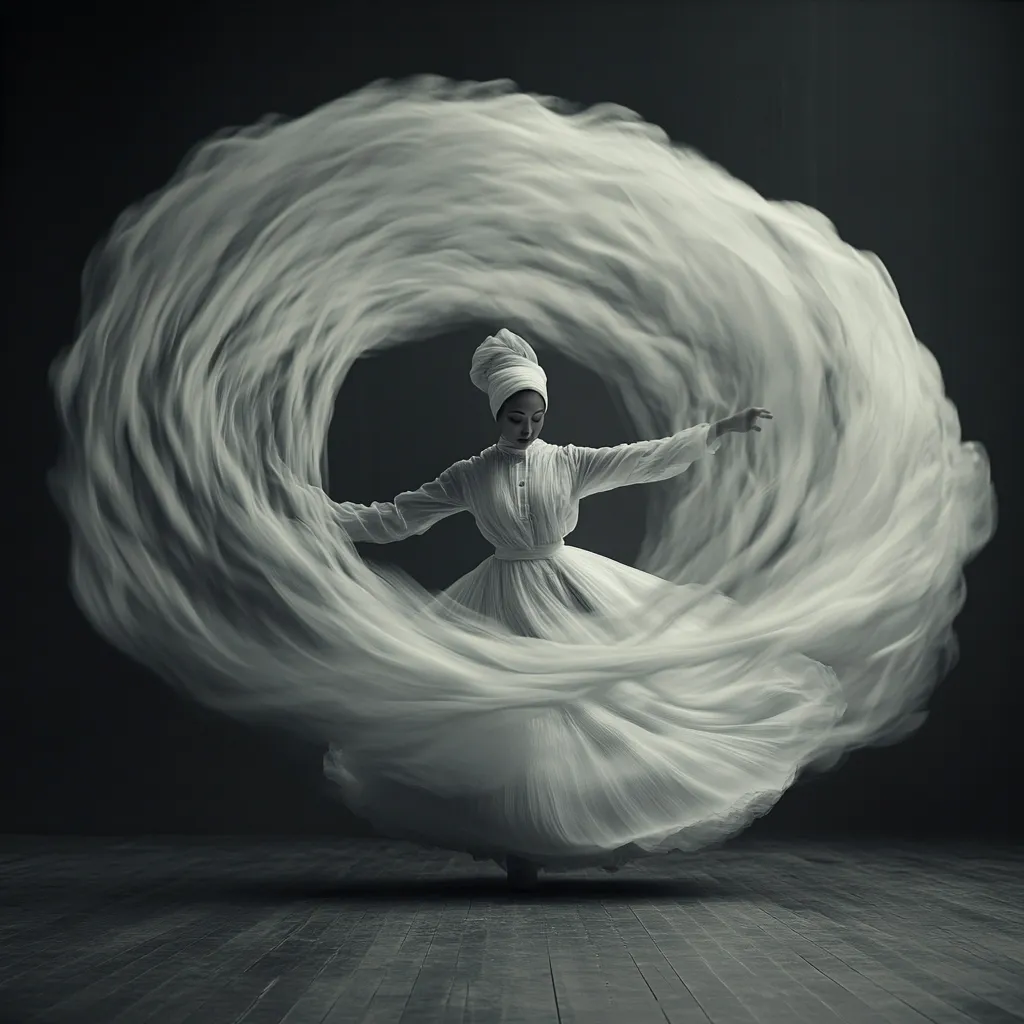 A woman in a flowing white dress and headscarf performs a whirling dervish-like dance.  Her dress creates a mesmerizing, swirling effect, captured in a striking monochrome image. The dark background accentuates the ethereal quality of the movement and the dancer's graceful poise. The photograph evokes a sense of serenity and spiritual devotion.