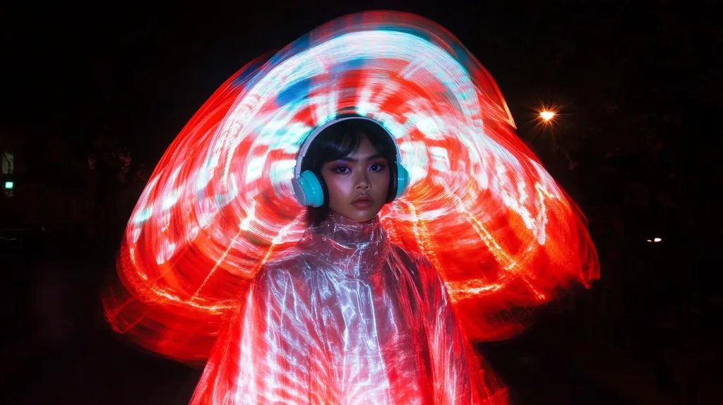 A young woman with dark hair wears teal headphones and a translucent, shimmering coat.  She stands at the center of a vibrant, swirling vortex of red and white light, creating a striking and futuristic image. The nighttime setting adds to the dramatic effect, with a distant light source visible in the background. The photo's overall aesthetic is one of vibrant energy and modern style.