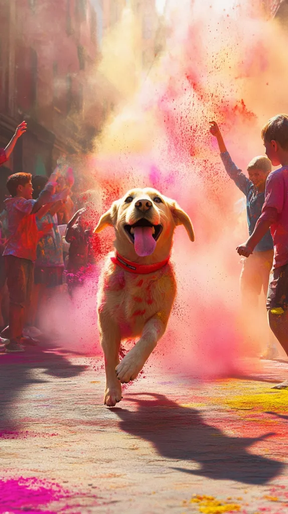 A golden retriever runs joyfully through a vibrant Holi celebration.  Pink, yellow, and orange powder explodes around it, coating the dog and the people playing in the street.  Children and adults participate in the colorful festival, their laughter and excitement palpable in the lively scene. The dog's happy expression adds to the festive atmosphere.