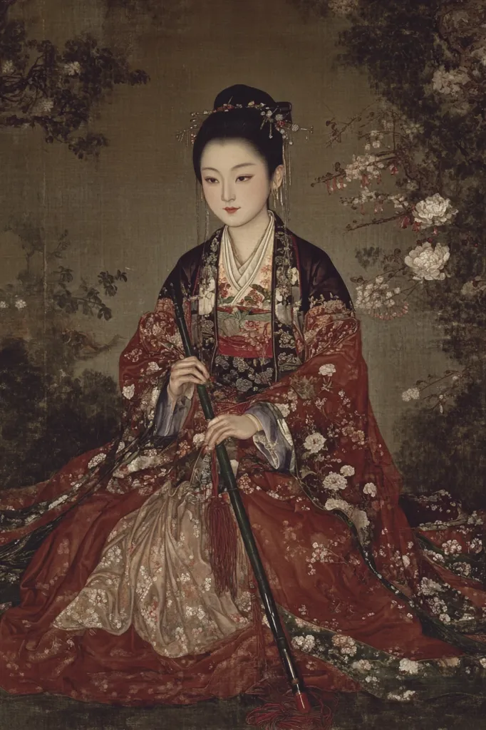 A painting depicts a young woman in elaborate, richly colored Chinese attire.  She is seated, holding a long, dark green staff or flute. Her gown features intricate floral patterns in reds, creams, and blacks.  The background suggests a garden setting with blossoming branches, adding to the overall serene and elegant atmosphere. Her expression is calm and composed.