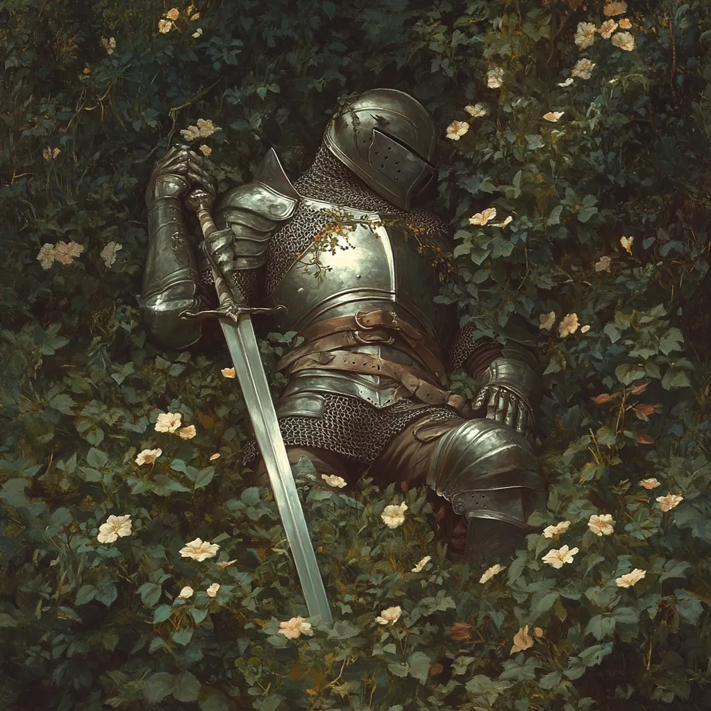 A knight in full plate armor rests amidst a thicket of flowering bushes. His helmet is lowered, obscuring his face, and his sword lies beside him on the ground. The scene is peaceful, yet melancholic, suggesting a moment of repose or perhaps a final resting place.  The lush greenery and delicate flowers contrast with the hard metal of the armor. The overall mood is one of quiet solemnity.