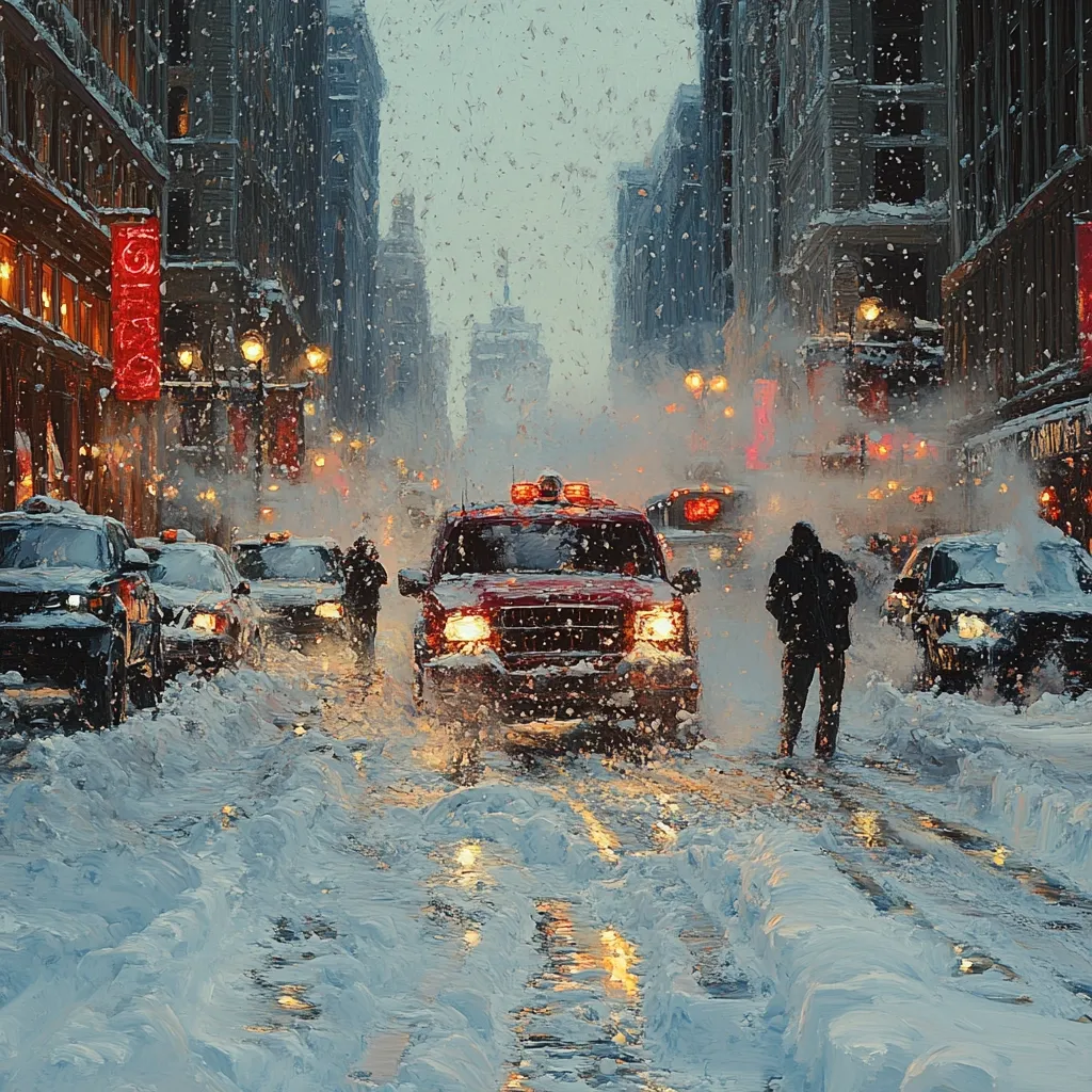 A snow-covered city street scene at dusk.  Cars navigate a heavy snowfall, with a red truck prominently featured in the center.  Pedestrians, bundled in coats, walk along the sidewalks.  Tall buildings line the street, their lights glowing faintly through the falling snow. The overall mood is quiet and wintery, conveying a sense of urban solitude during a blizzard.