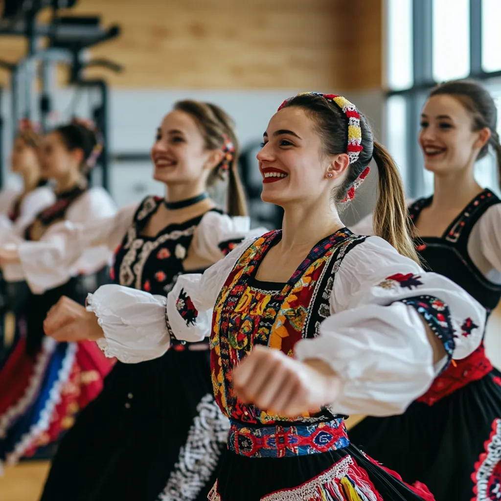 A group of women in vibrant traditional folk costumes perform a dance.  Their outfits feature richly embroidered vests, white blouses with puffed sleeves, and colorful skirts.  The women smile joyfully as they move in unison, showcasing their cultural heritage through dance. The setting appears to be a gymnasium or indoor space.