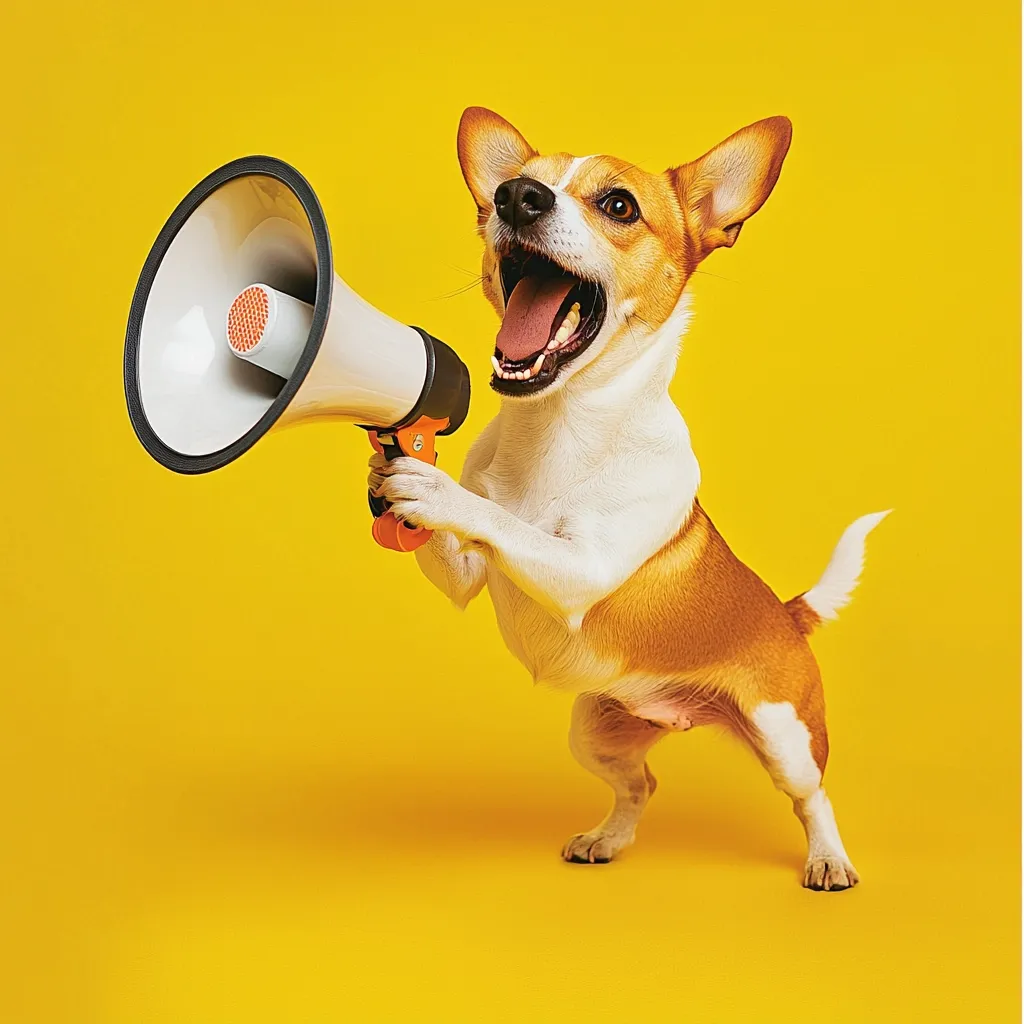 A small, brown and white dog stands on its hind legs against a vibrant yellow background.  The dog holds a large, white megaphone, its mouth open in a bark or howl.  The scene is humorous and playful, suggesting an announcement or a comical message. The image is brightly lit and sharply focused.