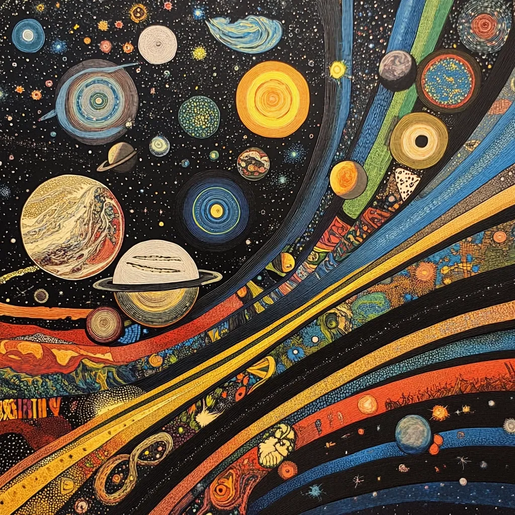 A vibrant, detailed artwork depicts a swirling cosmos.  Numerous planets, stars, and nebulae are meticulously rendered in a style reminiscent of embroidery or quilting.  Bold, curved lines suggest cosmic streams or energy flows, intersecting with a multitude of celestial bodies. The color palette is rich, featuring deep blues, fiery oranges, and luminous yellows against a dark background.  The overall impression is one of dynamic movement and immense cosmic scale.