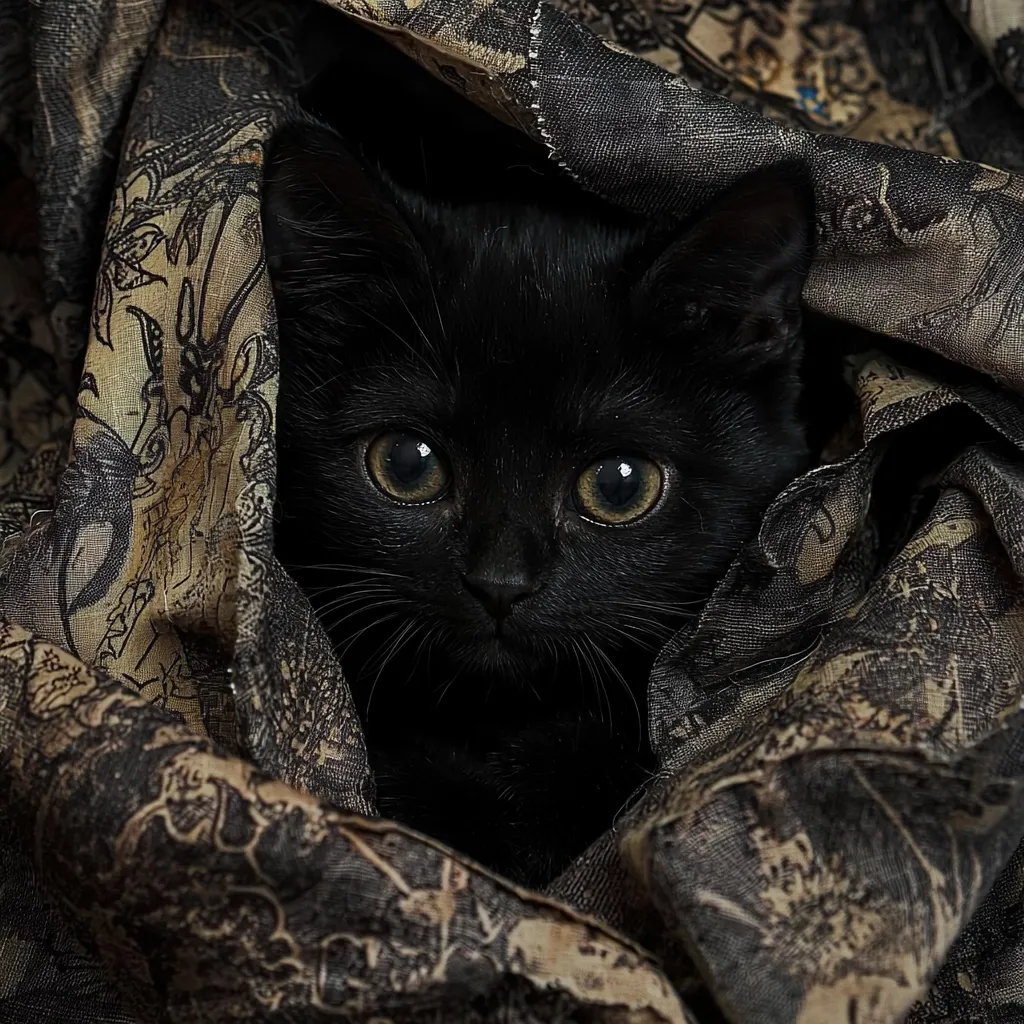 A black kitten with bright yellow eyes peeks out from a dark, patterned fabric.  The kitten's fur is sleek and its expression is curious and alert.  The fabric appears to be a shawl or scarf with an intricate design, providing a dramatic backdrop to the small cat's intense gaze. The overall mood is mysterious and captivating.