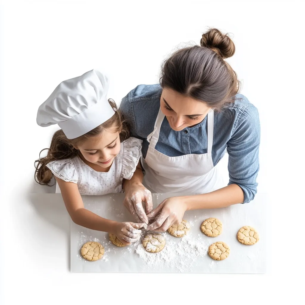 Overhead shot of a mother and daughter baking cookies together. The little girl, wearing a chef's hat, helps her mother place unbaked cookies on a floured baking sheet.  Both are wearing aprons, and the scene is bright and cheerful, suggesting a fun and loving baking experience.  The focus is on their hands and the cookies, creating a heartwarming image of family bonding.