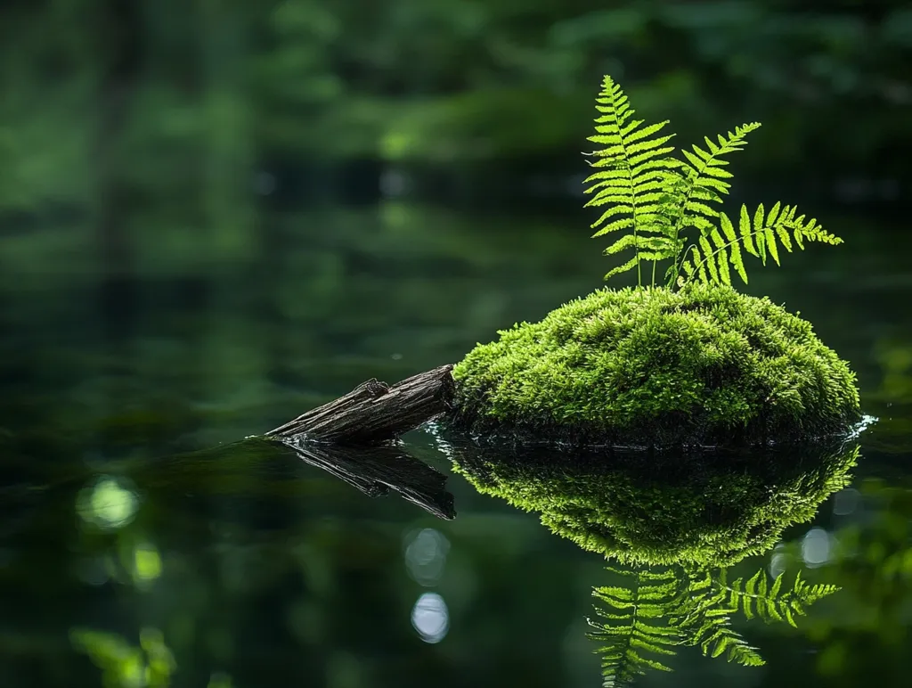 A serene image depicts a small, mossy island floating on calm, dark water.  A vibrant young fern sprouts from the moss, its reflection perfectly mirrored in the still surface below.  A piece of dark wood rests partially submerged near the island, adding to the tranquil, natural scene. The background is a soft blur of lush green foliage.
