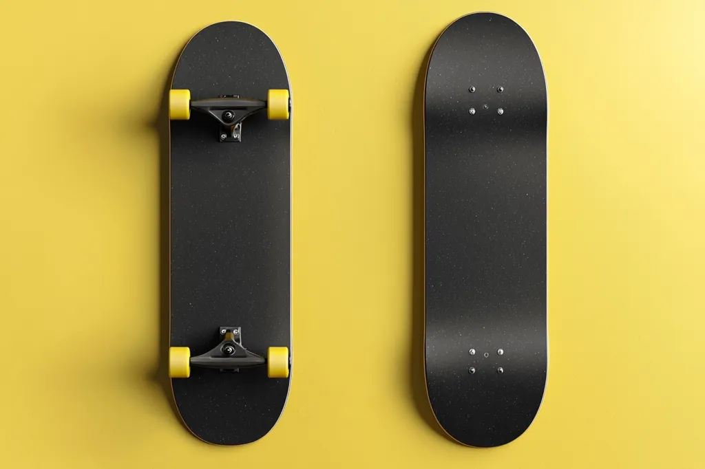 Two black skateboards with yellow wheels are positioned against a yellow background.  One skateboard is fully assembled, showing trucks and wheels, while the other is deck-only, lacking trucks and wheels.  Both decks are clean and appear new. The contrast between the black boards and yellow backdrop creates a visually striking image.