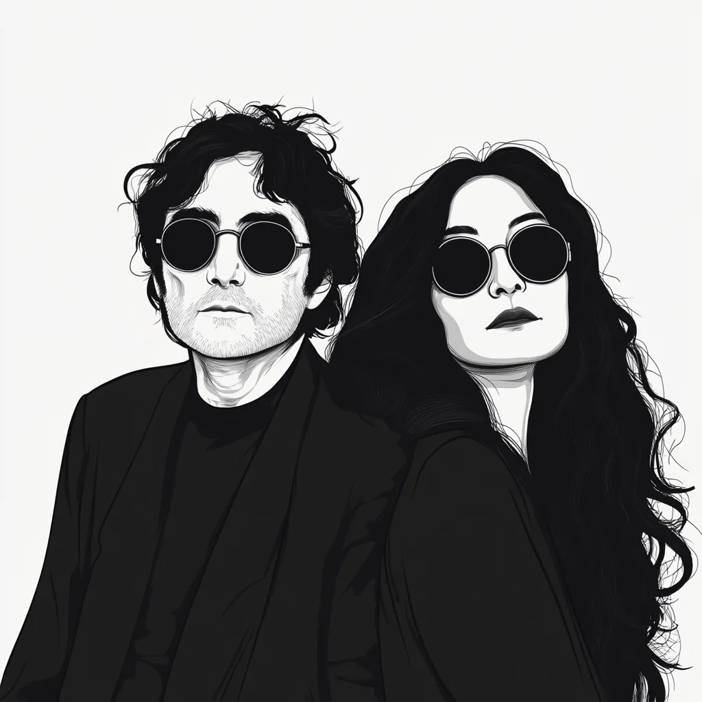 A black and white illustration depicts a stylized portrait of John Lennon and Yoko Ono.  Lennon, with his signature round sunglasses, is positioned slightly behind Ono, who also wears round sunglasses.  Both are rendered in a minimalist, line-art style, with strong contrasts and subtle shading creating depth and texture. The image evokes a sense of cool sophistication and iconic coupledom.