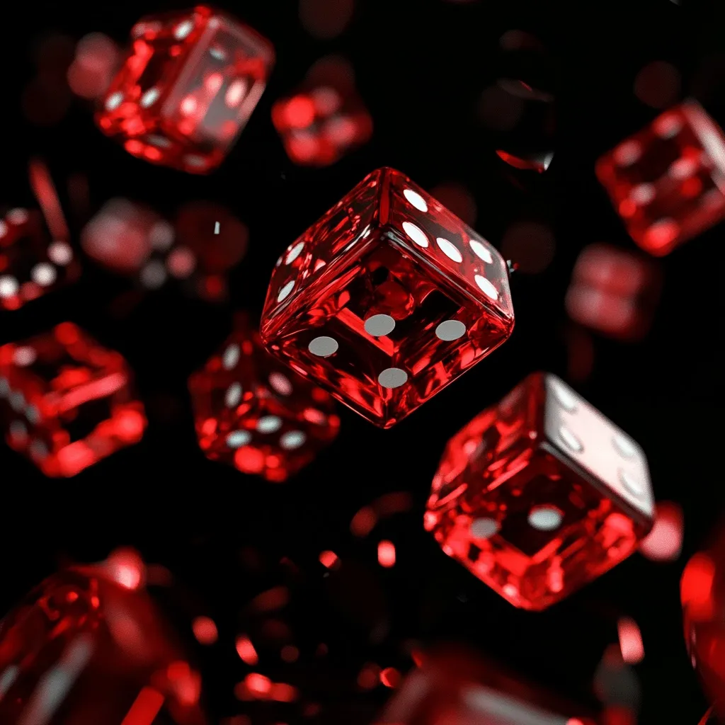 A captivating image showcases numerous translucent red dice in mid-air against a stark black backdrop.  The dice, with their clearly visible white pips, appear to be falling or floating, creating a dynamic and visually striking effect.  The overall impression is one of chance, luck, and the thrill of gambling.  The deep red and black contrast enhances the dramatic feel.