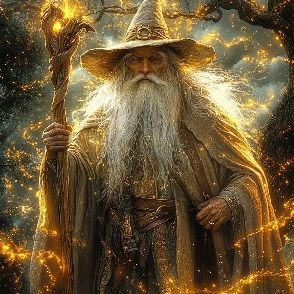 A majestic wizard, adorned in a flowing robe and pointed hat, stands amidst a shimmering, golden light. His long, white beard flows down his chest, and he holds a gnarled staff topped with a glowing orb.  The scene evokes a sense of ancient power and magic, set against a dark, foreboding forest backdrop.  Golden sparks dance around him, enhancing the mystical atmosphere.