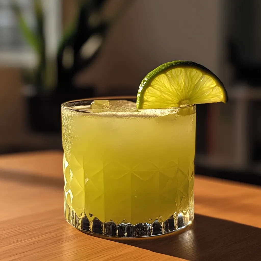 A refreshing green cocktail, possibly a margarita variation, is presented in a short, diamond-patterned glass.  Ice is visible beneath the frothy surface. A lime wedge rests on the rim, adding a vibrant touch of color and suggesting a zesty flavor.  Sunlight illuminates the drink, highlighting its bright hue and creating a warm, inviting atmosphere.