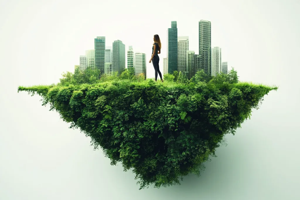 A woman stands on a lush, floating island of greenery, overlooking a cityscape.  The island, teeming with diverse foliage, contrasts sharply with the towering buildings in the background.  The image evokes a sense of harmony between nature and urban development, suggesting a sustainable future or the importance of preserving green spaces within cities.