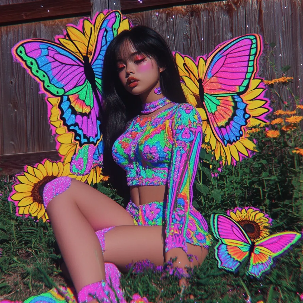 A young woman with long black hair poses in a vibrant, psychedelic outfit.  Her clothing features a colorful, glitter-like pattern. Large, painted butterflies, also in bright colors, form wings behind her. She is seated amidst sunflowers and other wildflowers, creating a whimsical, fantastical scene. The overall aesthetic is playful and heavily stylized.