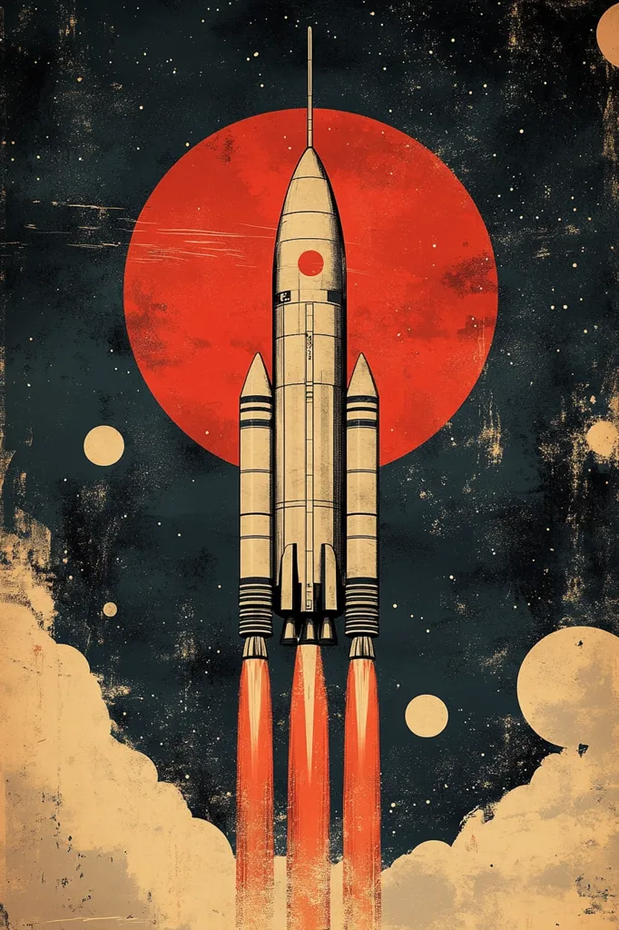 A vintage-style illustration depicts a rocket launching into space. The rocket is beige and detailed, with three orange flames propelling it upward.  A large, red planet dominates the background, with smaller planets and stars scattered across a dark, textured sky. The overall aesthetic is reminiscent of mid-20th-century space exploration posters, evoking a sense of retro futurism and adventure.