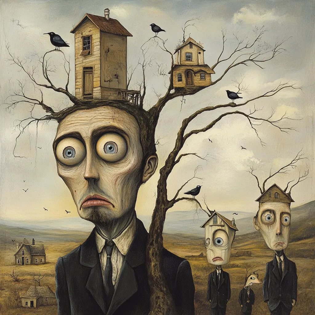 A surreal painting depicts three men with houses perched atop their heads, like trees sprouting from their scalps.  The central figure, with large, expressive eyes, wears a suit and stands prominently.  Birds perch on the branches of the tree-like structures.  The background shows a desolate landscape with small, distant houses, creating an unsettling yet captivating scene.