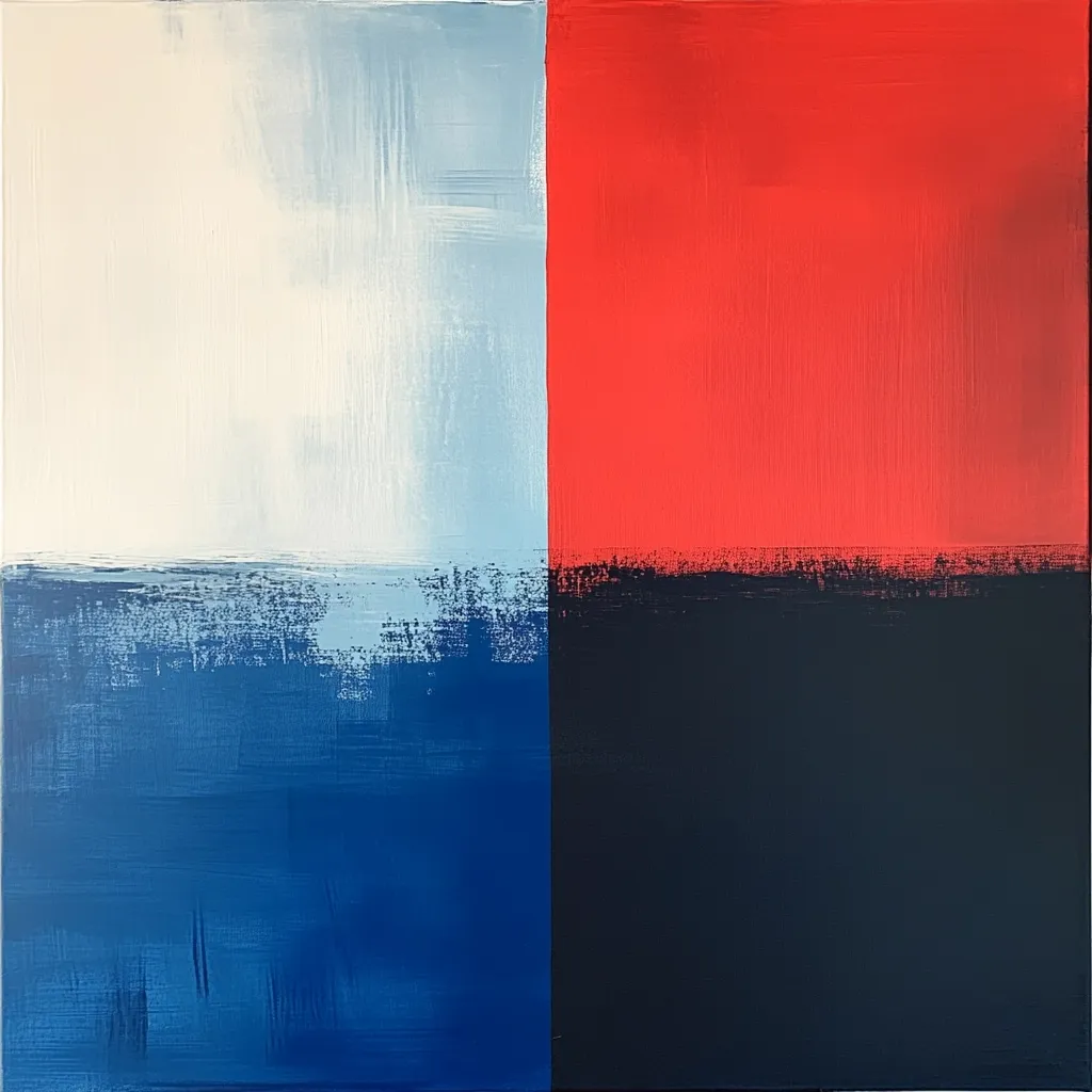 An abstract painting is divided into four distinct color blocks.  The top left is off-white, transitioning to light blue.  A vibrant red occupies the top right, contrasting sharply with a deep blue in the bottom left.  A dark navy blue fills the bottom right, creating a balanced yet striking composition.  The brushstrokes are visible, adding texture and depth to the flat color fields.