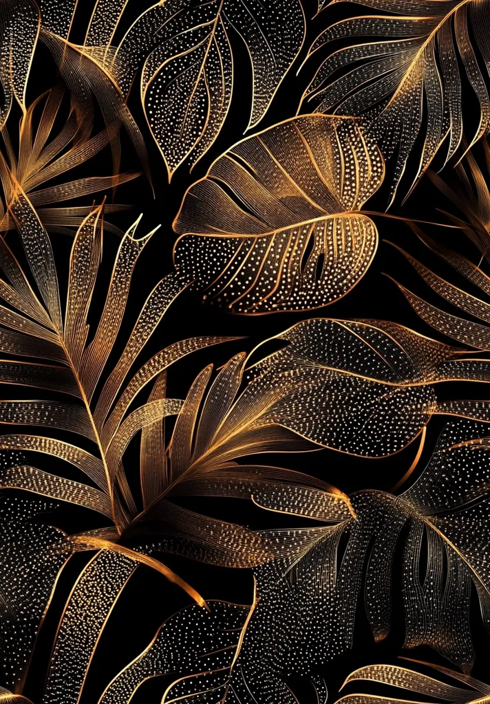 A luxurious dark background features a seamless pattern of golden tropical leaves.  The leaves are intricately detailed with fine lines and glittering gold dots, creating a shimmering, almost ethereal effect.  The design evokes a sense of opulence and sophistication, ideal for wallpapers or high-end fashion.  The contrast between the dark background and the radiant gold leaves is striking and visually captivating.