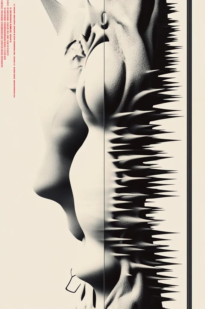 The artwork presents a stark, monochromatic depiction of a face, seemingly sculpted or digitally rendered.  One side is smooth and classical in form, while the other is dramatically distorted, featuring sharp, jagged textures that resemble melting or fracturing.  The contrast between the smooth and chaotic halves creates a powerful visual tension, suggesting a theme of duality or inner turmoil. The beige background accentuates the stark black and white imagery.