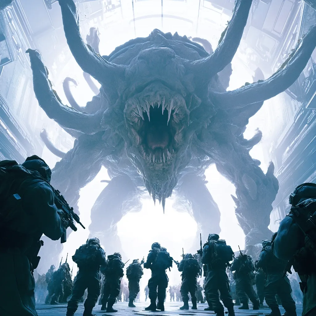 A colossal, monstrous creature with multiple limbs and a gaping maw looms over a squad of heavily armed soldiers. The creature fills the vast, dimly lit space, its ominous presence casting a shadow on the soldiers, who stand braced for battle.  The scene is dramatic, emphasizing the overwhelming size and power of the beast against the comparatively small human force.  The setting suggests a futuristic or science fiction environment.
