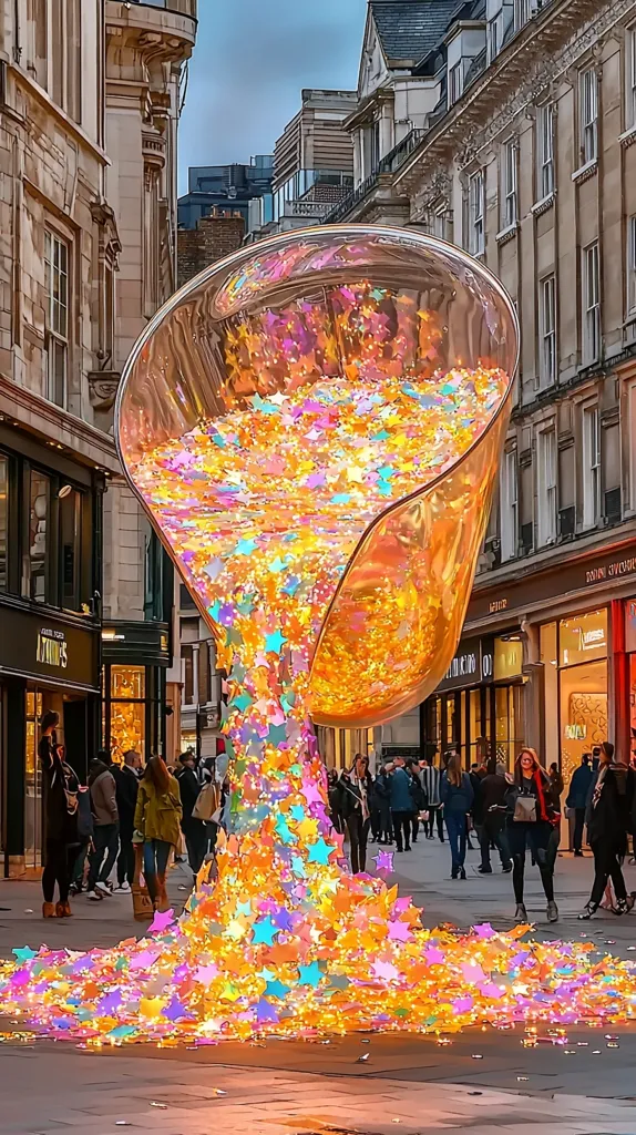A large, transparent sculpture resembling an overflowing cup spills countless illuminated star-shaped objects onto a city street.  The vibrant, colorful stars create a dazzling display against the backdrop of elegant, historic buildings. Pedestrians stroll past, their presence adding a sense of scale to the captivating light installation. The scene suggests a festive or celebratory atmosphere, possibly a holiday season display.