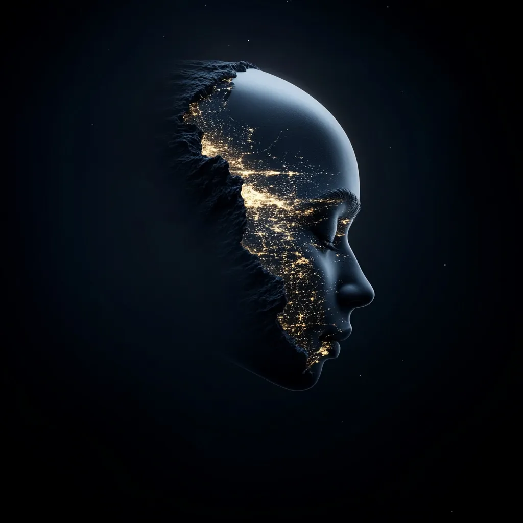A stylized digital artwork depicts a dark, sculpted head in profile view.  A section of the face is fractured, revealing a glowing, city lightscape within the form. The image is dark and moody, with the lights providing a striking contrast against the deep black background.  The overall effect suggests a connection between humanity and technology or the inner workings of the mind.