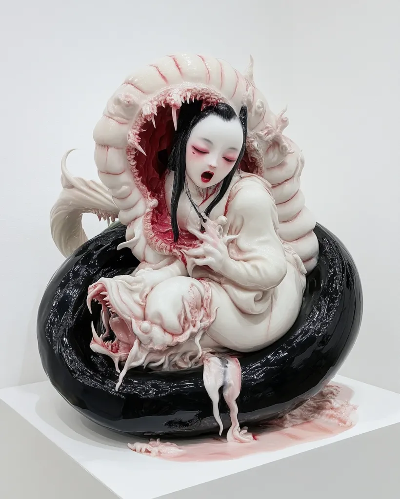 A porcelain sculpture depicts a young woman, styled in traditional East Asian garb, nestled within a large, biomorphic, black form.  She appears distressed, partially enveloped by a pale, fleshy, monstrous creature with gaping maw.  The sculpture’s palette is primarily white, black, and red, creating a striking contrast and unsettling mood.  Fluid-like drips of pink porcelain accentuate the organic, unsettling nature of the piece.