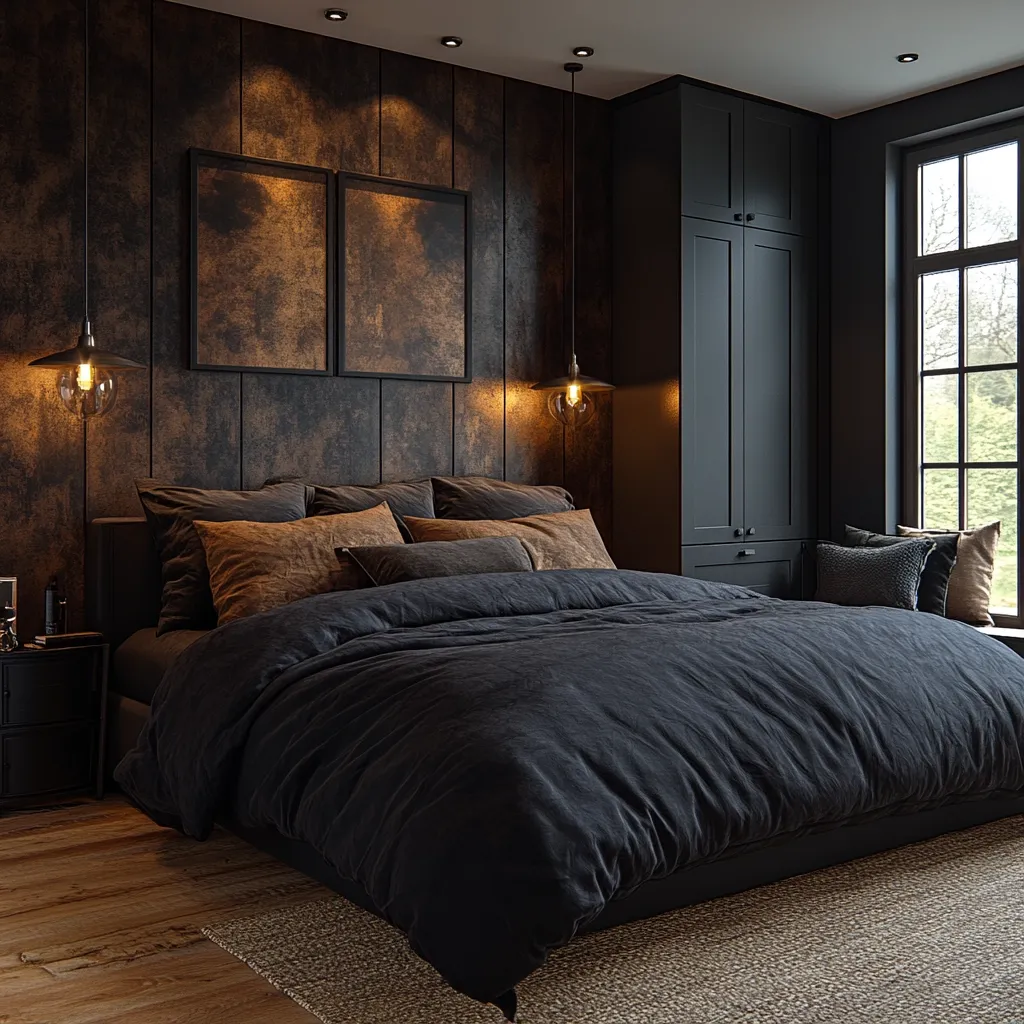 A dark and moody bedroom features a large bed with a dark grey duvet, dressed with brown and grey pillows.  Two dark framed pictures hang above the bed on a textured, dark brown wall.  Black pendant lights hang on either side.  A black built-in wardrobe stands to the right, and a window with natural light is visible in the background.  The floor is hardwood, with a neutral-toned rug under the bed.  The overall style is modern and masculine.