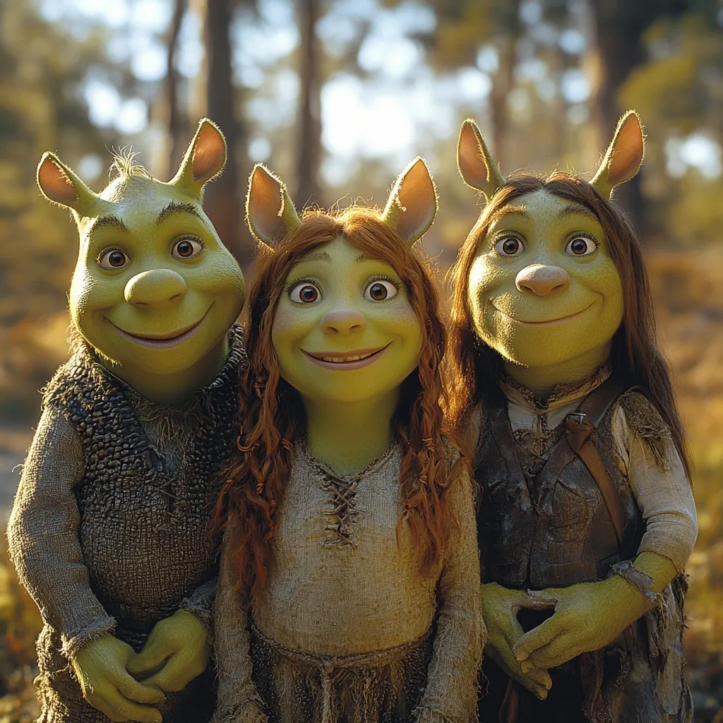A heartwarming image showcases three Shrek-like ogre characters.  A father and daughter stand close, their hands gently clasped, while a sibling stands beside them.  All three are dressed in earthy-toned, medieval-style clothing, suggesting a familial bond within a fantasy setting. The warm sunlight filtering through the background forest enhances the scene's idyllic charm.
