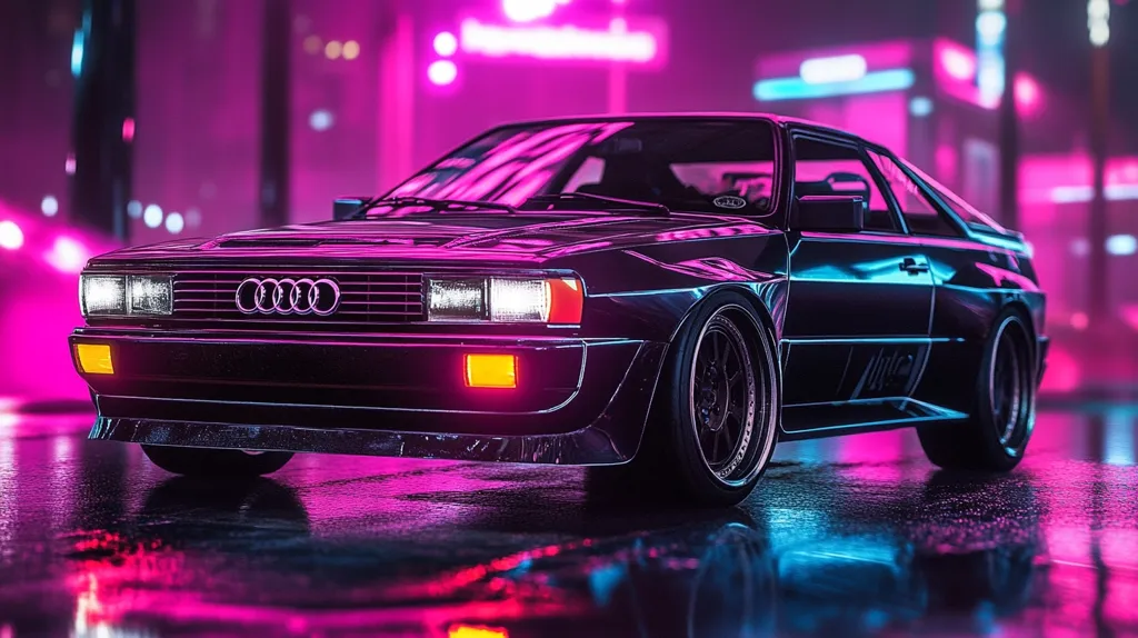 A sleek, dark-colored Audi Sport Quattro sits on a wet city street at night.  Neon pink and blue lights reflect on its glossy body and the puddles around it, creating a vibrant, retro-futuristic atmosphere. The car's headlights illuminate the scene, showcasing its iconic design in a striking, stylized image.  The overall aesthetic evokes a classic 80s vibe.